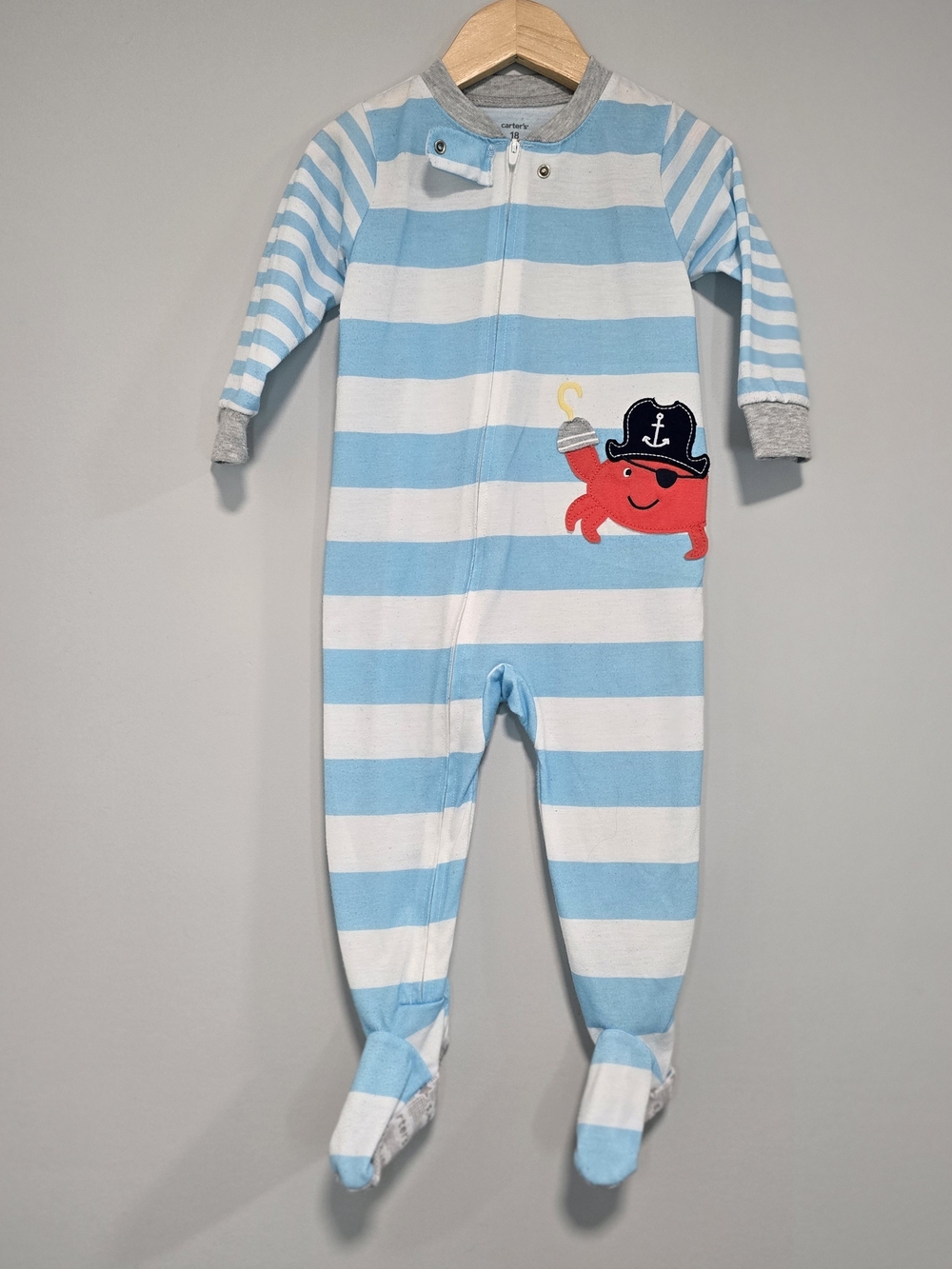Carter's Blue & White Striped Crab One-Piece Pajamas Cozy